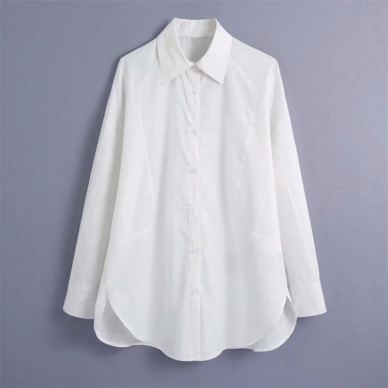 

Za Autumn White Shirt Fashion Long Sleeve Single Row Buttons Chic Lapel Middle Length Shirt Casual Office Shirt for Woman 2021