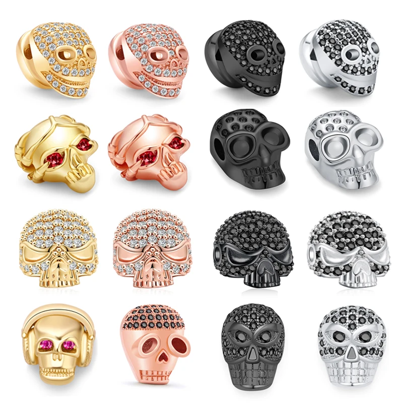 

Hesiod 3pcs/lot Skull Head Spacer Beads for DIY Jewelry Making AAA Zircon Copper Rope Bead Punk Skeleton Head Keychain Pendant