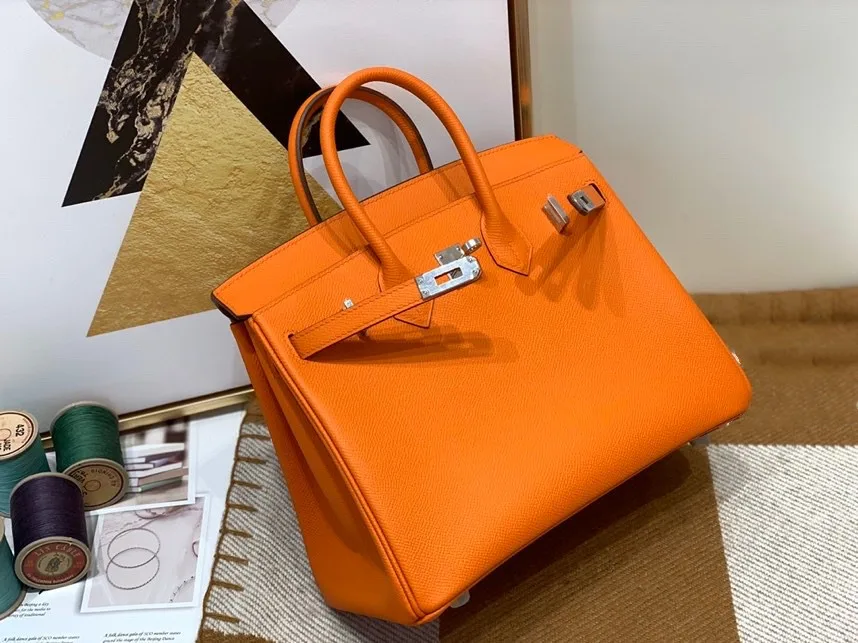 

HANDMADE BRAND Handbag,25CM,Orange Color,LUXURY PURSE,DESIGNERS BAG,EPSOM Leather, Wax line stitiching,Fast delivery