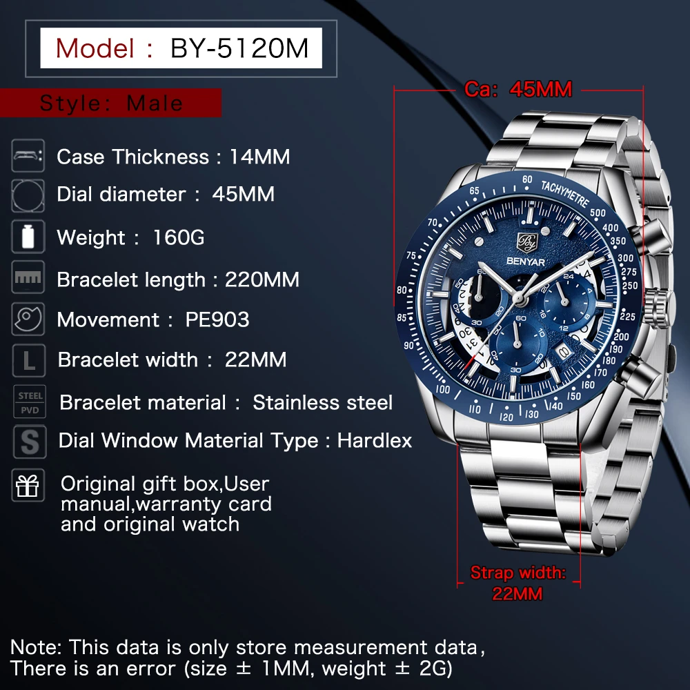 Мужские часы с хронографом BENYAR синие из нержавеющей стали мужские 2020 | Наручные