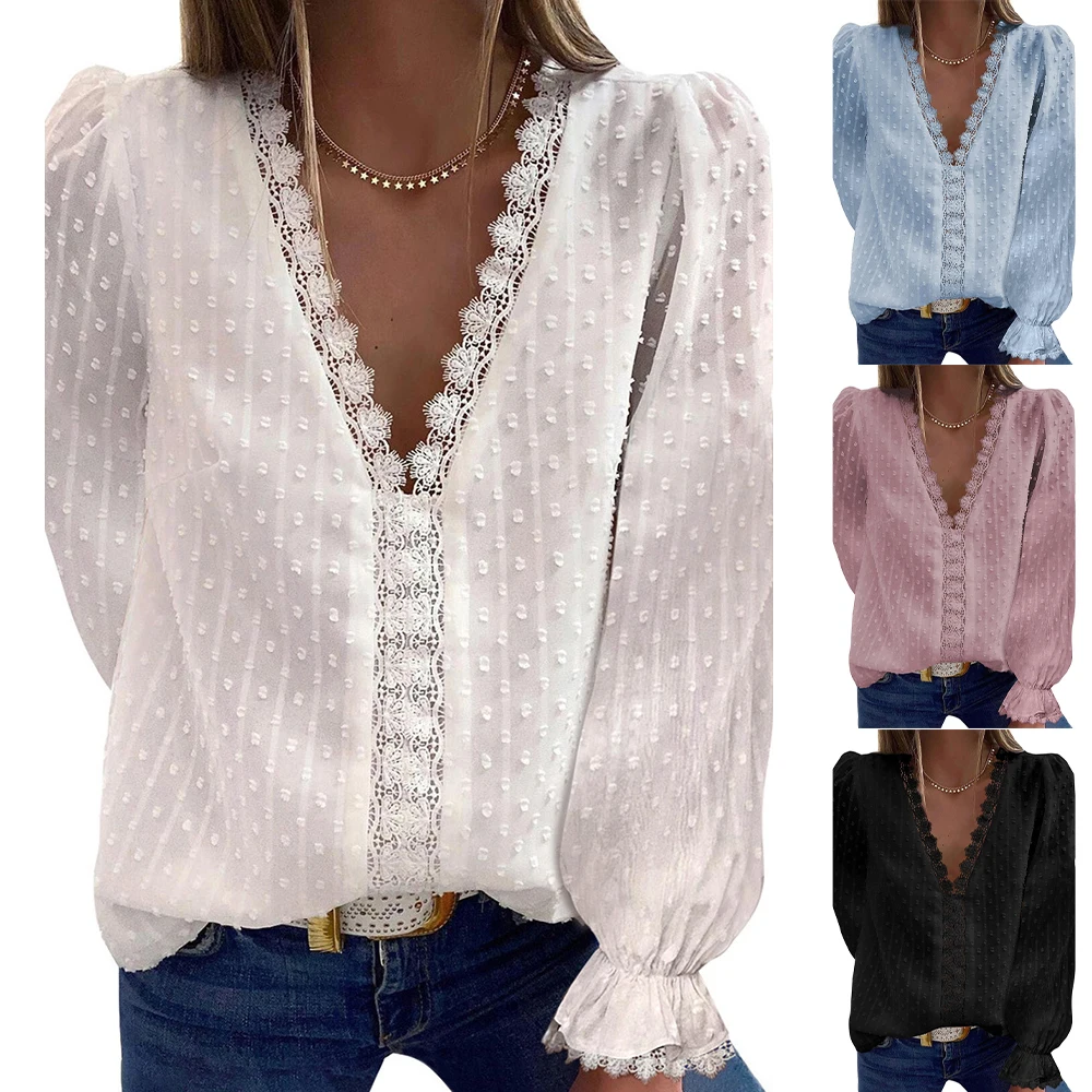 

Elegant Office Lady Shirt V Neck Solid Color Blouse Casual Female Long Sleeve Shirts Autumn Ladies Loose Blouse