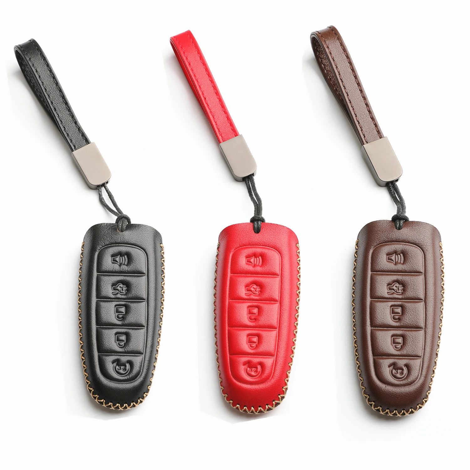 

WFMJ Leather for Ford Escape C-max Edge Explorer Expedition Focus Flex Taurus Lincoln MKT MKS 5 Buttons Key Case Cover Fob Chain