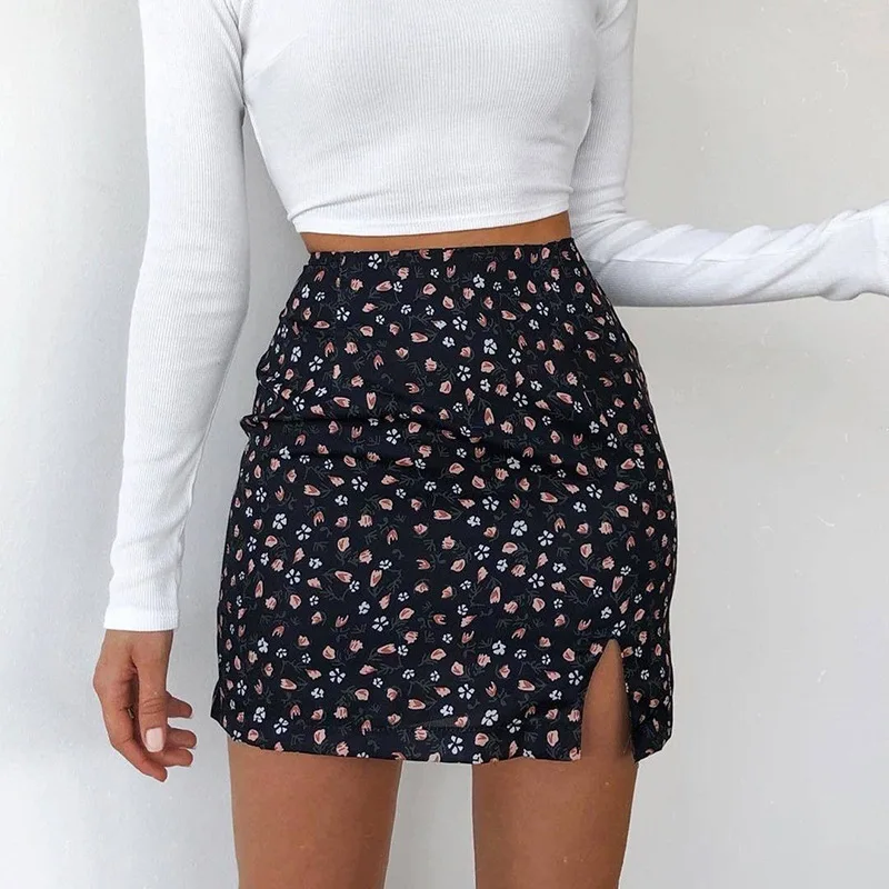 

Floral Mini Skirt Split High Waist Woman Skirts All-Match Rural A-line Skirt Korean Style Vintage Skirts Womens 2020 Clothes New
