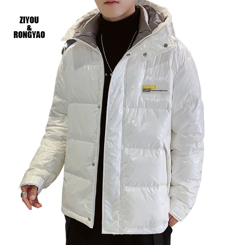 

Куртка на белом утином пуху, серебристая блестящая Мужская Толстая теплая Свободная куртка с капюшоном, Яркий пуховик, Мужская одежда, водо...