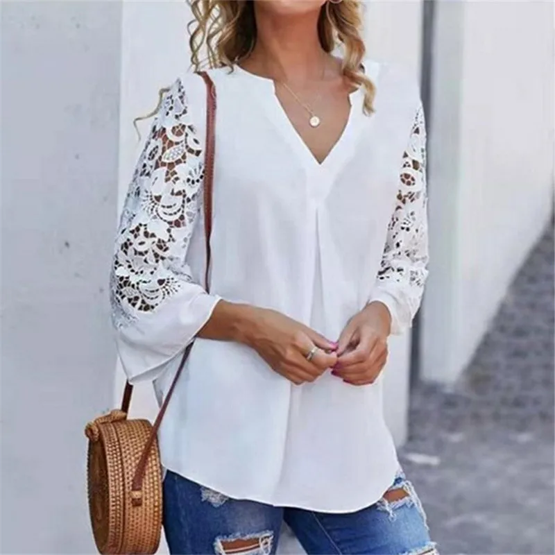 

Fashion Office Blouse White Black Chiffon V Neck Loose Ladies Tops Casual Lace Women Summer Shirts