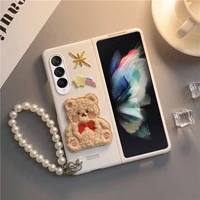 for samsung zfold3 galaxy case cute embroidered bear half wrapped case bumper with phone holder for z fold 3 case samsung conque