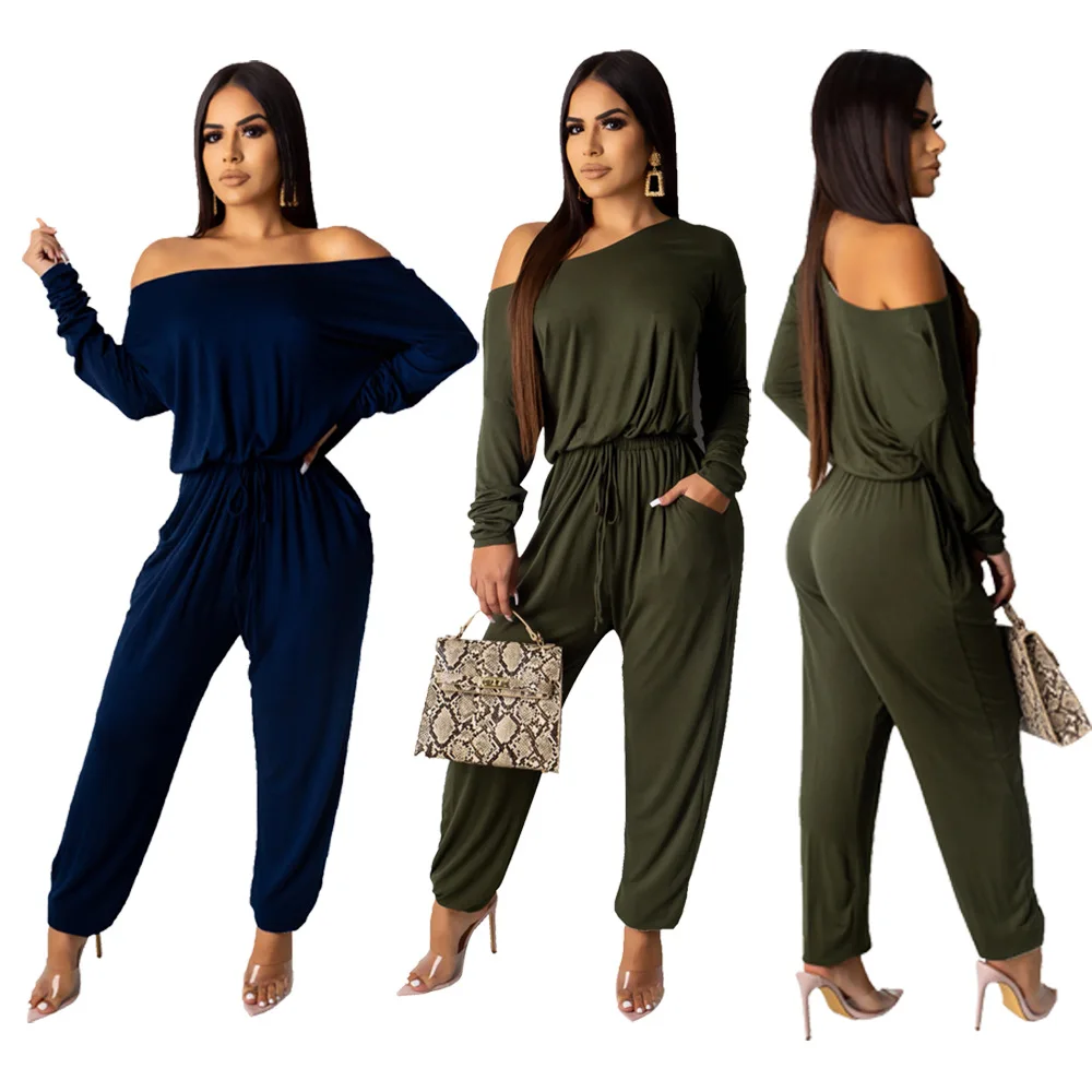 

2019 Autumn New Casual Loose Solid Jumpsuits Off Shoulder Long Sleeve Women Slash Neck Wide Legs Streetwear Club Overalls