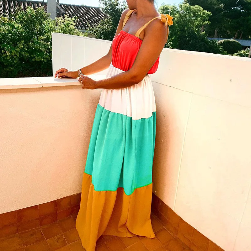 

Chocomist Dresses Casual Color Matching Loose Strap Women Maxi Dress FD290