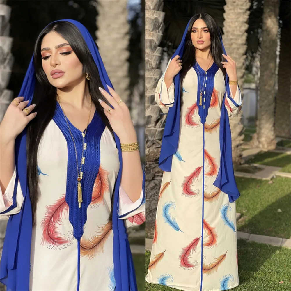 

Dubai Kaftan Print Muslim Arabic Abaya Women Ethnic Long Sleeve Long Dress Maxi Robe Turkish Middle East Moroccan Caftan Ramadan