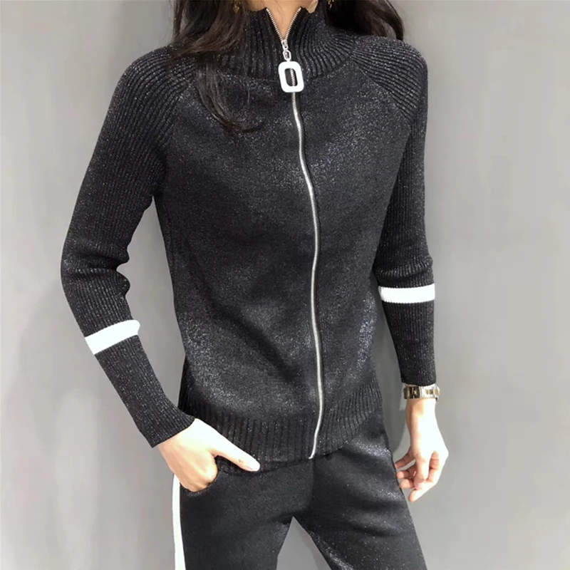 Модный женский вязаный комплект из двух предметов трикотажная куртка с