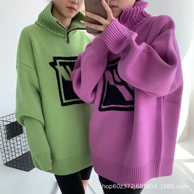 

Green Fashion Lapel Half Zip Wool Crop Pullover for Women's 2021 Autumn and Winter Sweater Casual Designer Luxury Indie