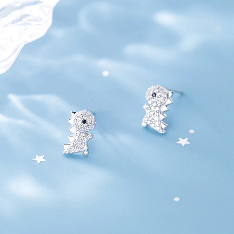 

Exquisite 925 Sterling Silver Stud Earrings for Women Cute Dinosaur White Zircon Stone Crystal Inlaid Christmas Earrings Jewelry