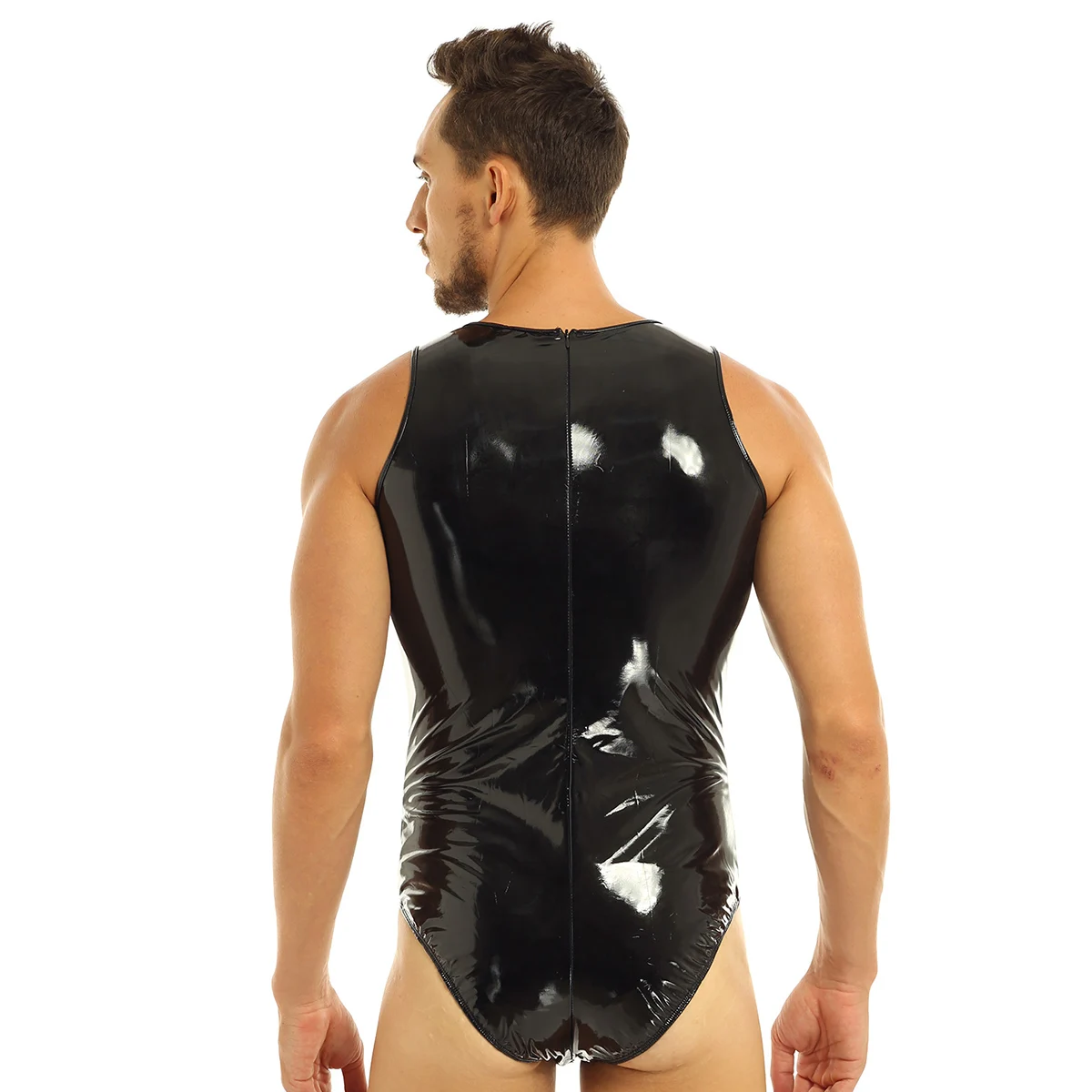 iEFiEL Fashion Male Men Lingerie Costumes Wetlook Patent Leather One-piece Sleeveless Leotard Back with Zipper Bodysuit Jumpsuit |