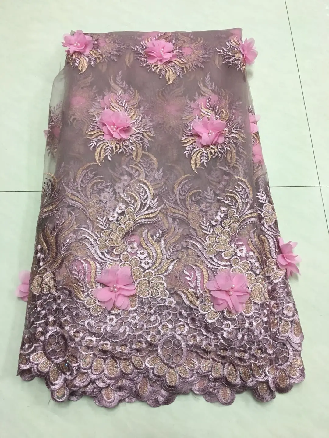 

High Quality 2018 Latest 3D Flowers French Lace Tulle Net Fabric African Lace Embroidery with Pearls and Beads ZJ168