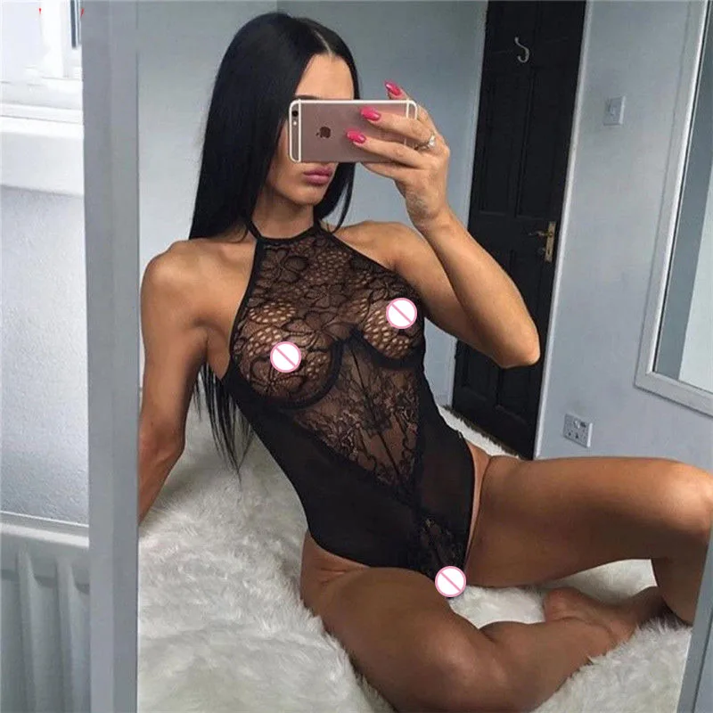 Женское сексуальное черное нижнее белье кружевное Сетчатое боди сорочка халтер
