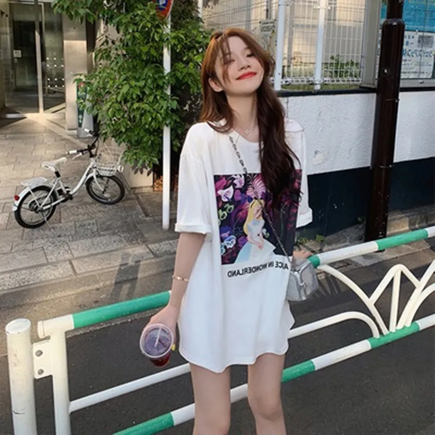 Дисней Алиса короткий рукав женский Harajuku inst рубашка свободная круглый вырез рубашка женское летнее платье