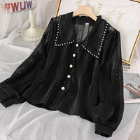 autumn new fashion tops women blouses long sleeves peter pan collar shirts female elegant lace office ladies hollow out solid