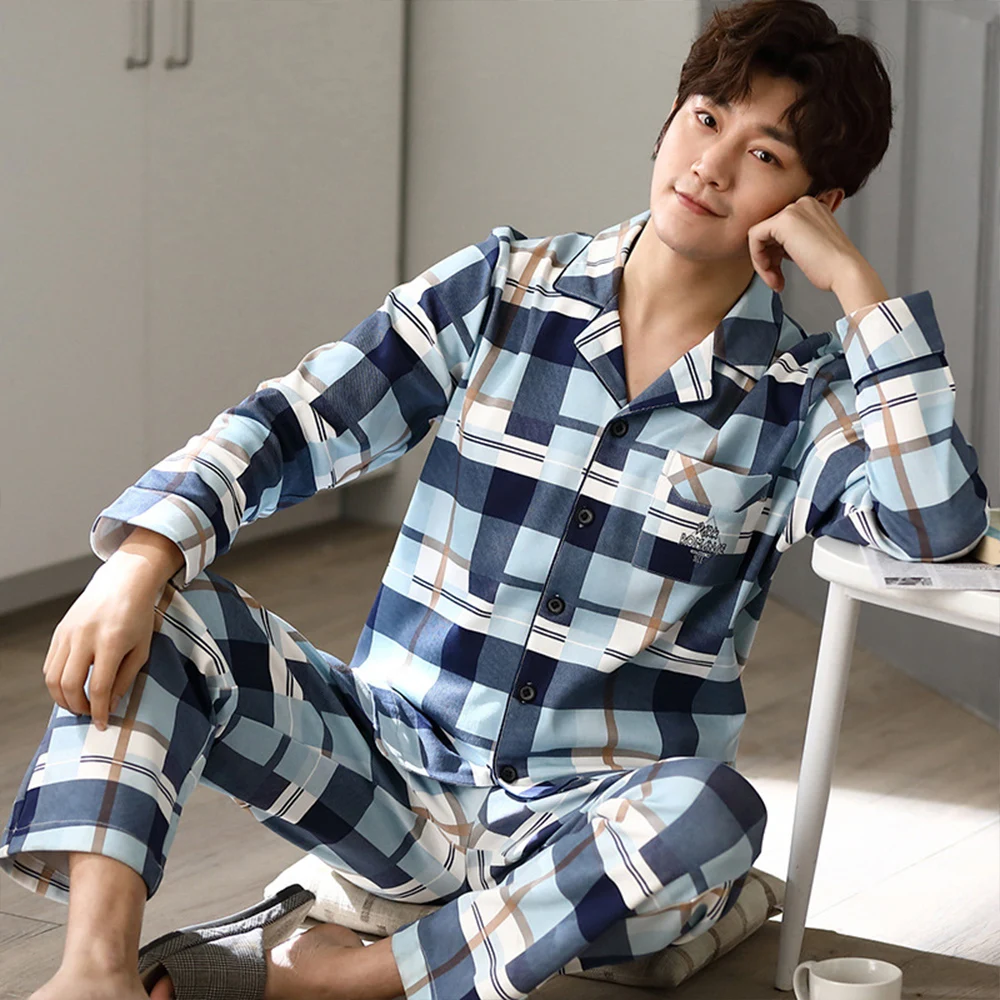 Spring Autumn Pajama Sets Suit Knitted Cotton Casual Long Sleeve Sleepwear Plaid Home Wear Plus Size Comfortable Pajamas For Men