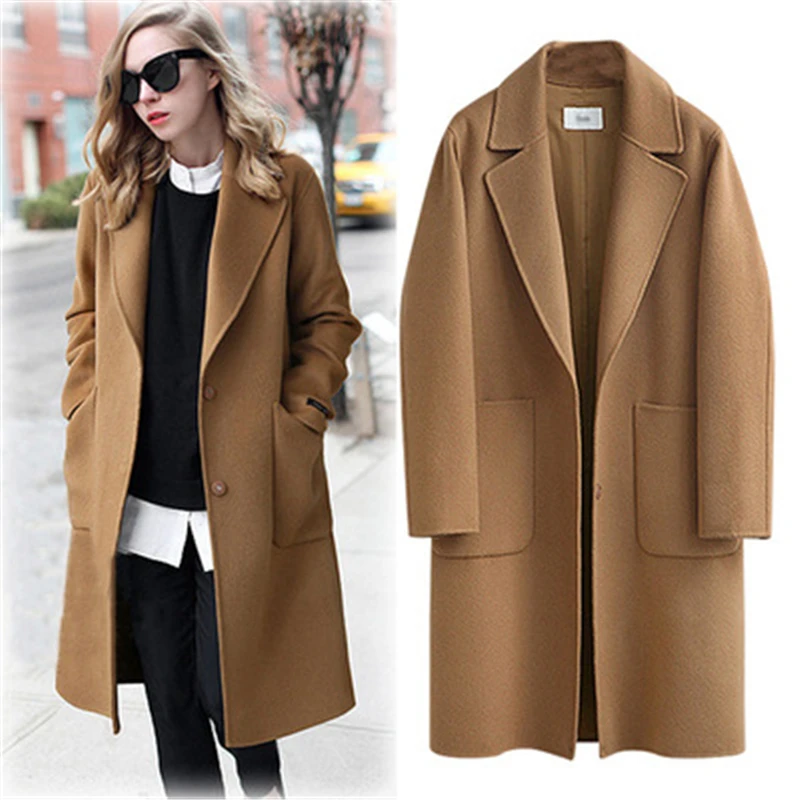 

Autumn Winter Fashion New Mid-Length Solid Color Lapel Long-Sleeved Single-Breasted Loose Thick Plus Size Woolen Coat Women
