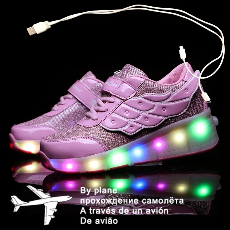 Детские кроссовки на колесиках для мальчиков и девочек 27-40 дюймов розовые белые с