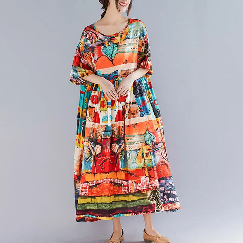 

Women O-Neck Short Sleeve Dress Women Loose Print Hemline Maxi Dress for Woman Bohemian Kaftan Casual Long Dress Vintage Dress