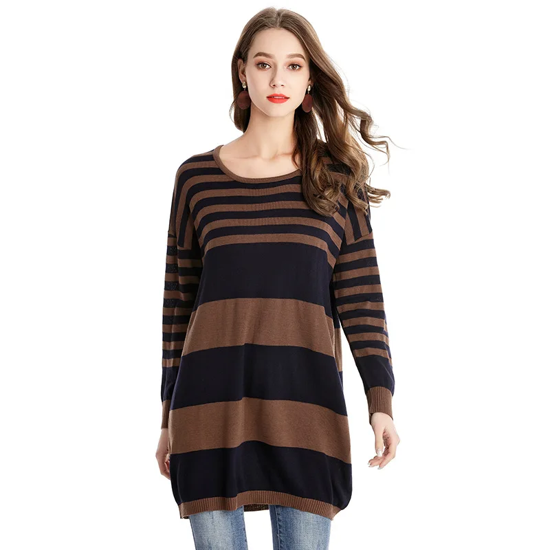 Женские свитера и пуловеры в полоску с круглым вырезом длинное повседневное