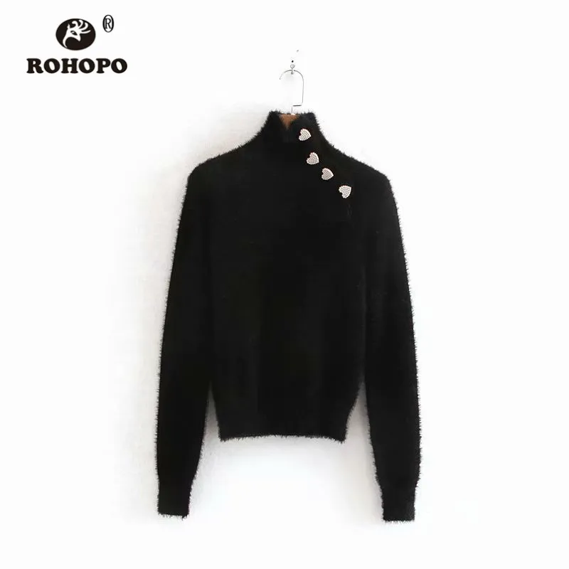 ROHOPO высокий воротник искусственный мех сердце пуговицы плечи черный белый