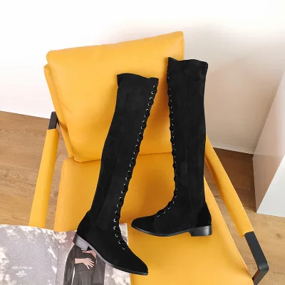 

Autumn/winter Over The Knee Flat Elastic Genuine Leather Knight Boots Women Pointed Toe Lace-up Low Thick Heel Platform Shoes