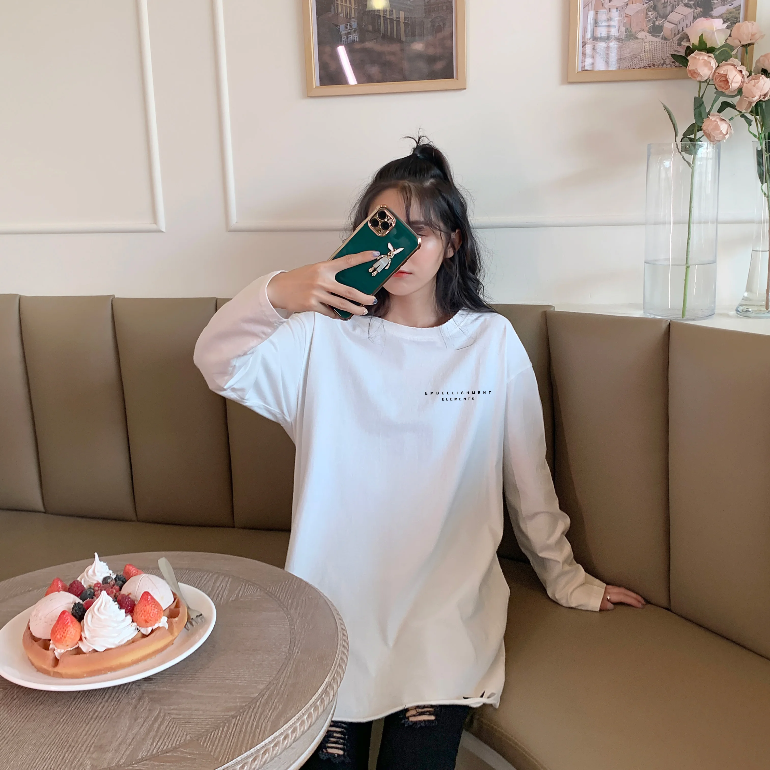 

Cotton classic round neck fashion Korean style loose top long sleeve T-shirt trendy women's mid-length autumn 2020 mujer camiset