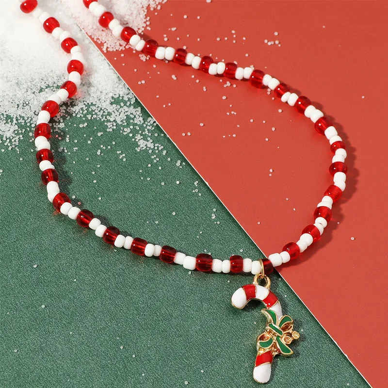 

Personality Christmas Clavicle Chain Ethnic Style Necklace Handmade Beaded Necklace Creativity Red Rice Bead Cane Necklace