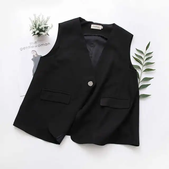 

New Fall Spring Autumn Vintage Vest Women Elegant Suit Vest Sleeveless Coats Jackets Outerwear Office Lady Black Waistcoat Top