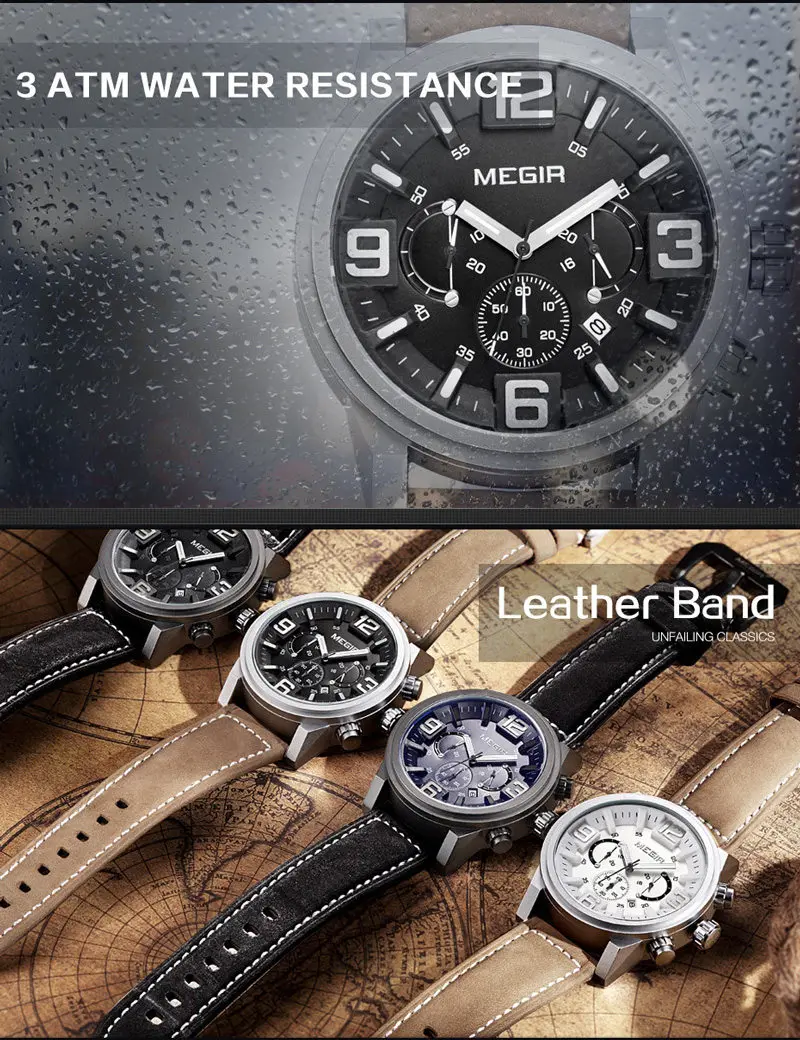 Часы наручные MEGIR мужские с хронографом роскошные Брендовые спортивные
