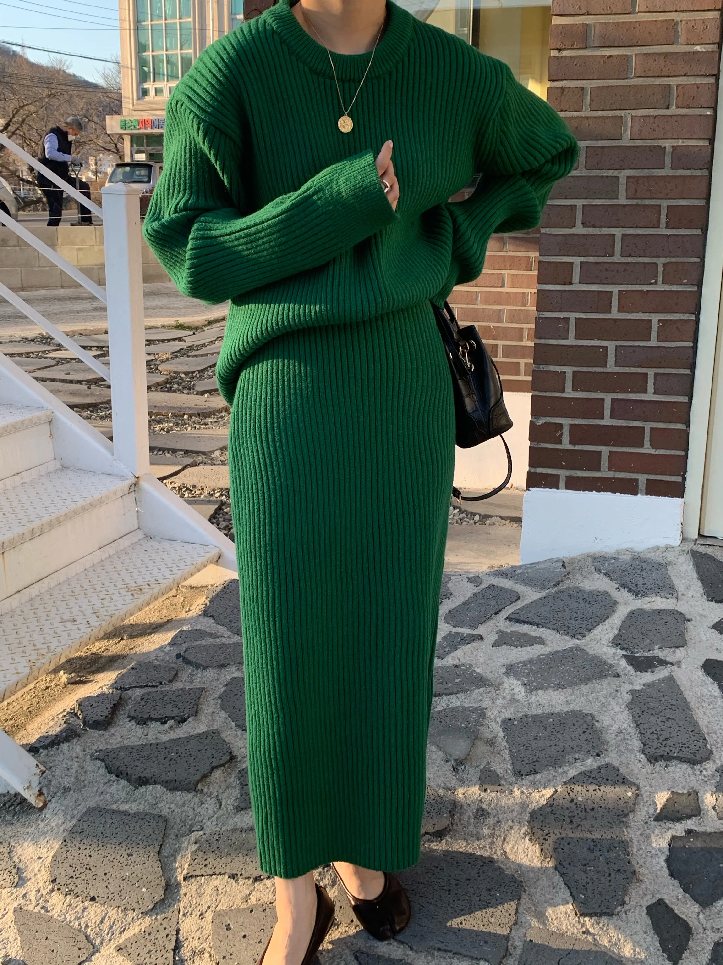 Warm Autumn Winter Two-Piece Set O-Neck Loose Sweater With High Waist Bag Hip Knitted Pencil Skirt Setup Women'S Stripe Outfit |
