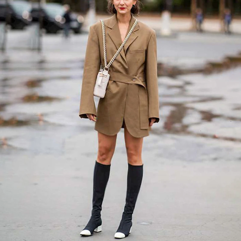 TWOTWINSTYLE Элегантный комплект из двух предметов женский воротник с лацканами длинный рукав на шнуровке хит цвет блейзеры Высокая талия с поясом костюмы женские