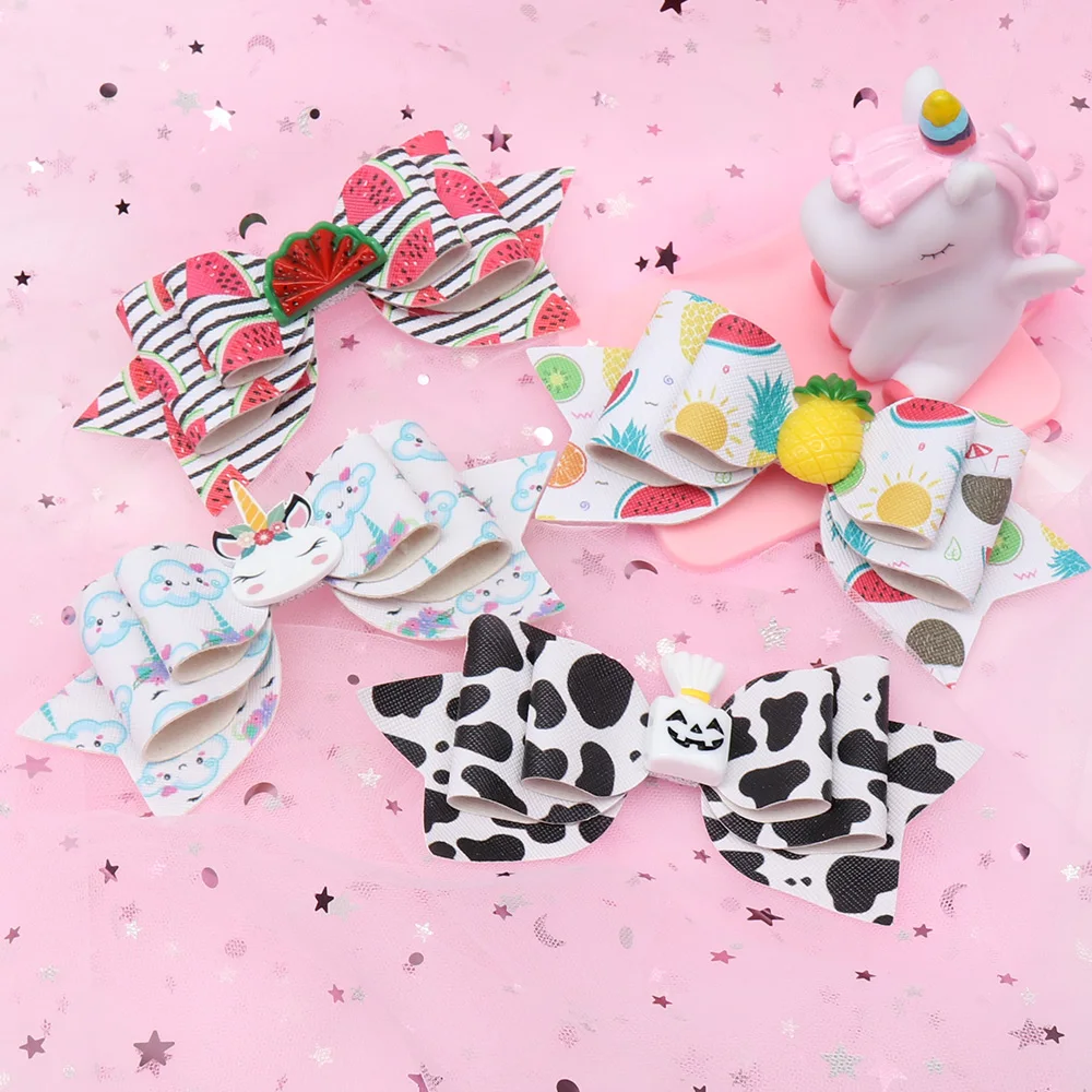 5 дюймовые детские заколки для волос с принтом кожаные банты девочек милые ручной