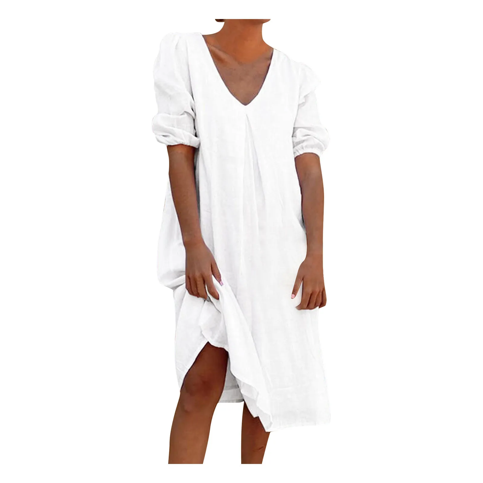 

Women Plus Size Soild Print Daily Casual Mid-long Sleeve Bohemian V-Neck Dress Maxi Dress Plus Size Sundress robe dete 2021
