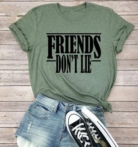 

Women Fashion Casual Short Sleeve T-shirt Friends Don'T Lie Letter Print slogan Middle School t Shirts cotton casual tees tops