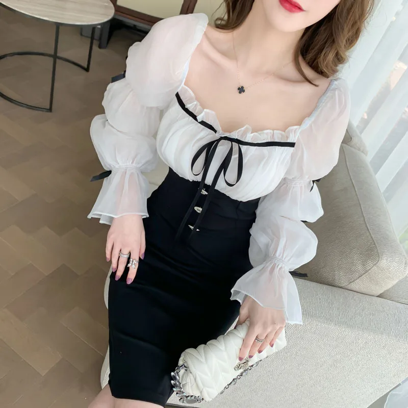 

Spring Sexy Party Vestidos Office Patchwork Pencil Dresses Women White Long Lantern Sleeve Square Collar Bodycon Bandage Dress