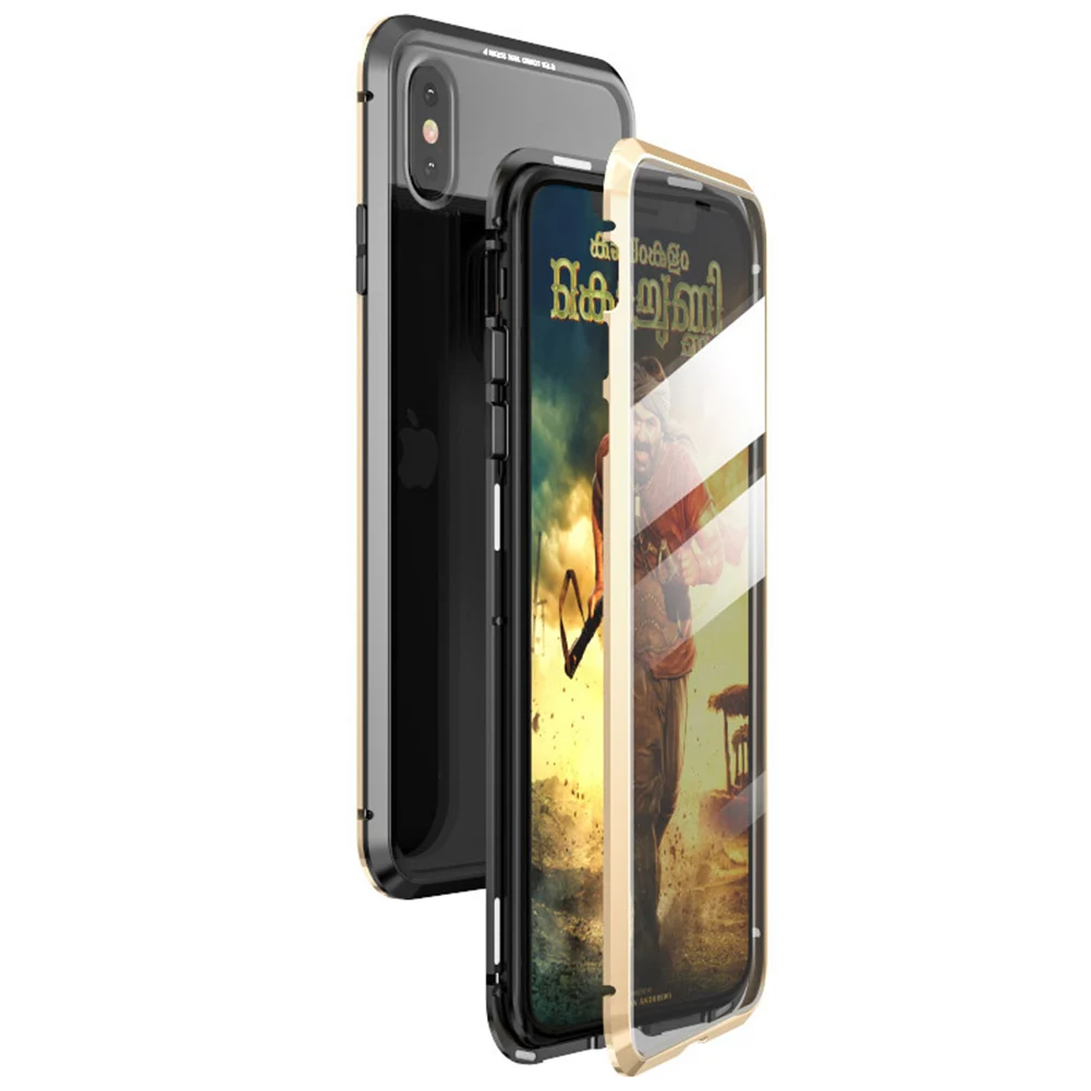 Магнитное закаленное стекло чехол для iPhone 11 Pro X XS MAX XR 8 7 металлический бампер Магнитный чехол для samsung Galaxy Note 10 S10 Plus - Цвет: Black Gold