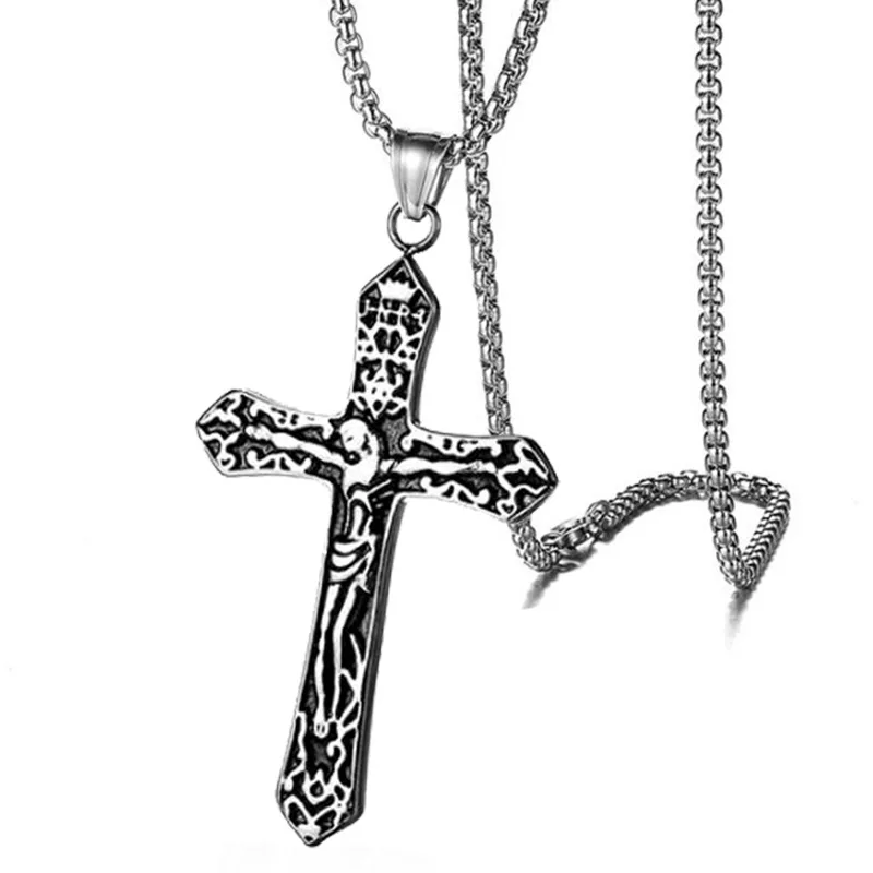 

2021 Personality Stainless Steel Cross Jesus Pendant Necklace Domineering Men's Faith Necklace Steampunk Rock Party Jewelry