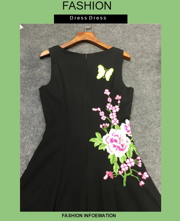 Модное шоу Moda Цветочные Vestidos de Festa Sem Mangas das Mulheres Do винтажные Flor Preto Bordado Vestido longo