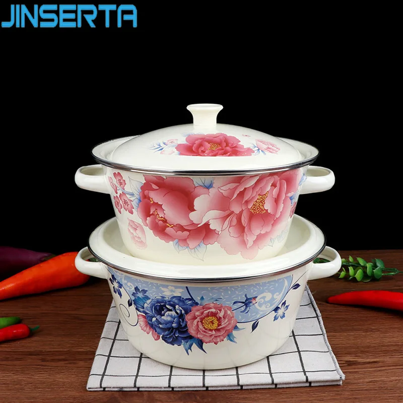 

JINSERTA Vintage Enamel Bowl Binaural Basin Thickened Large Capacity Pots Home Restaurant Kitchen Refrigerator Food Storage