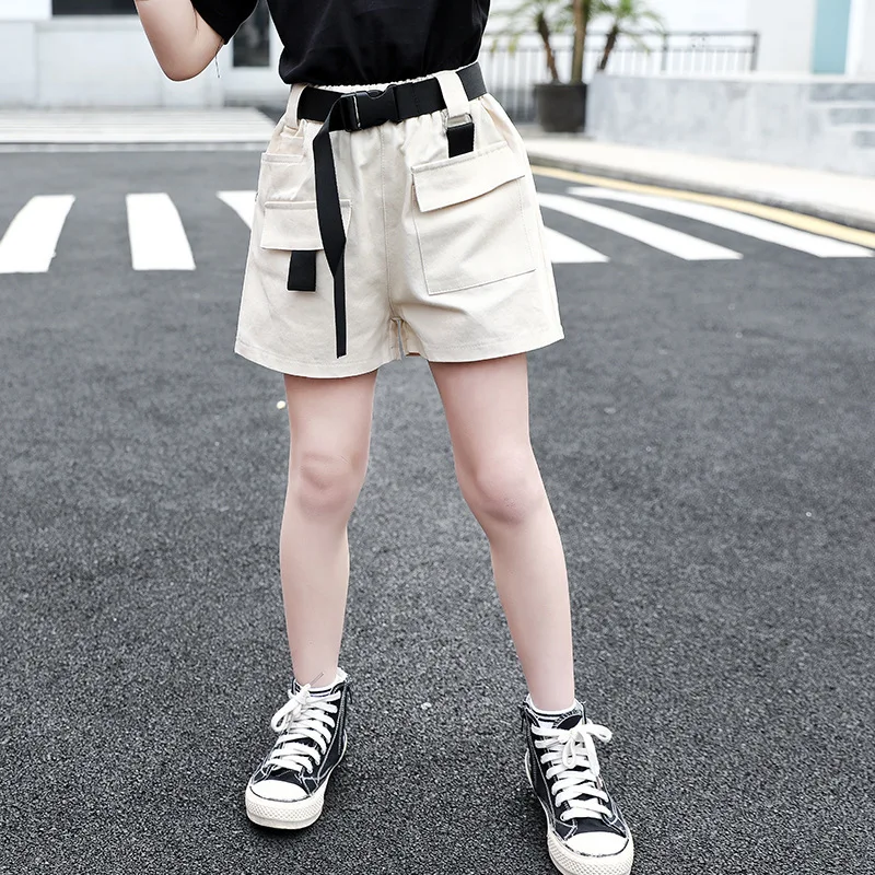 2020 Summer Kids Children's Cargo Shorts for Girls Fashion Teens Girl Causal with Belt Black 4 6 7 8 9 10 11 12 13 Years | Мать и