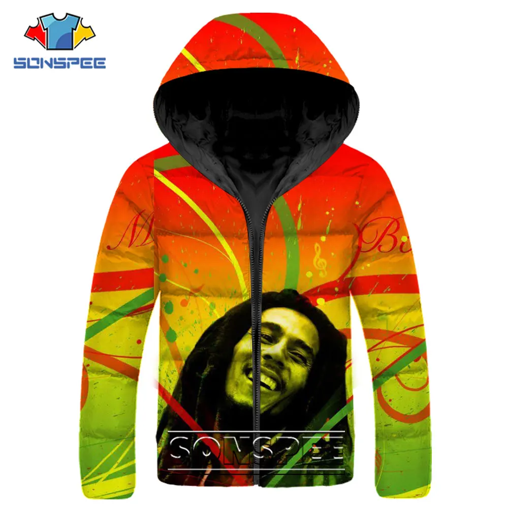 

SONSPEE Casual Parkas 3D Print Fashion Popular Rapper Bob Marley Down Jacket Winter Women Keep Warm Streetwear Men's Coats