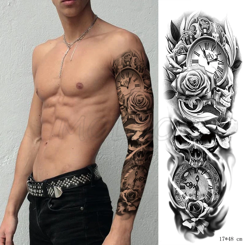Full Arm Waterproof Temporary Tattoo Sticker Big Roma Clock Rose Flower Plant Art Fake Tatoo Flash Tatto for Man Woman | Красота и
