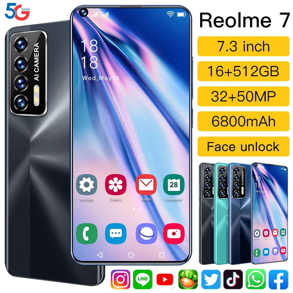 

Smartphones 7.3 " Reolme 7 Qualcomm 888 6800mAh 16GB 512GB Global Version Android 11.0 5G LTE Newest Dual SIM Mobile Phone Wifi