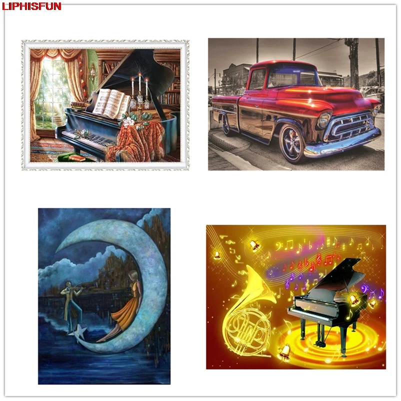 5D полная дрель DIY Алмазная картина пианино автомобиль луна квадрат/круглая