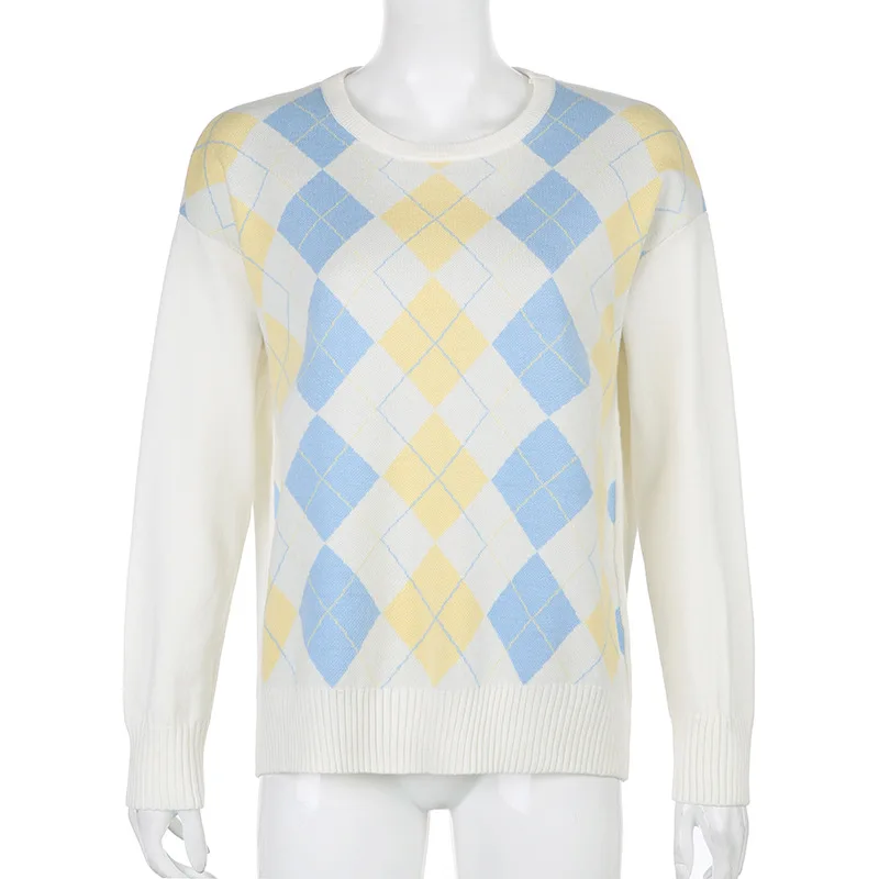 

Winter Style Fashion T-Shirt 2020 Sexy Fashion Knitted Long Sleeve O Neck Plaid High Street Women T-Shirt