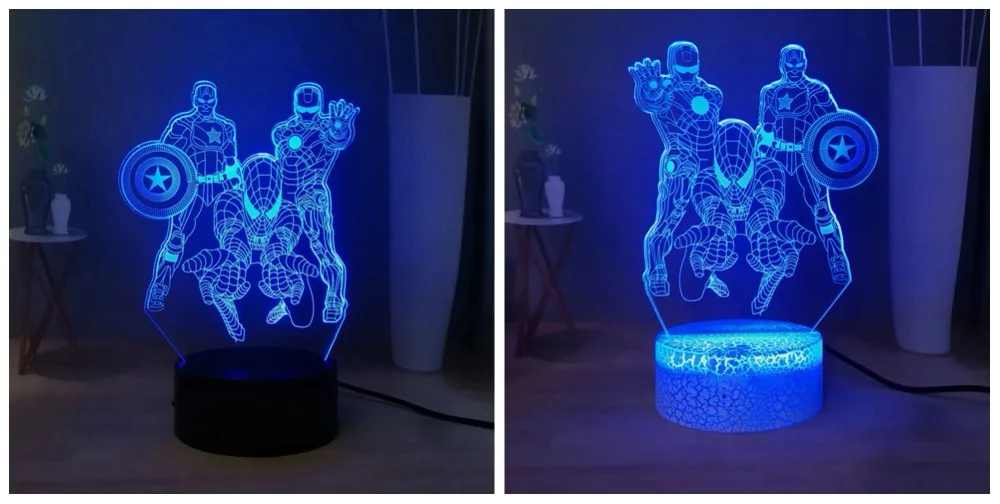 СВЕТОДИОДНЫЙ 3D ночник герой Marvel Капитан Америка Человек-паук Tron человек разноцветный USB ВЫКЛЮЧАТЕЛЬ, настольная лампа подарок на день рождения детей