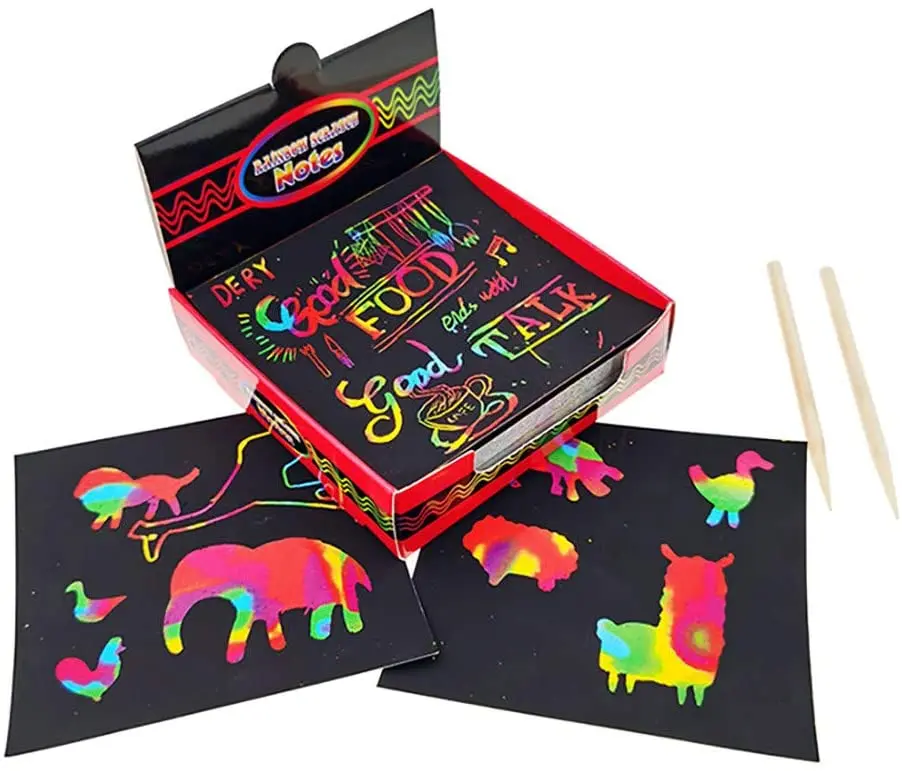 

New Drawing Toys Scratch Notes Set Scratch Doodle Art With 100 Holographic Rainbow Paper 2 Stylus 2 Stencils Scratch Magic Notes